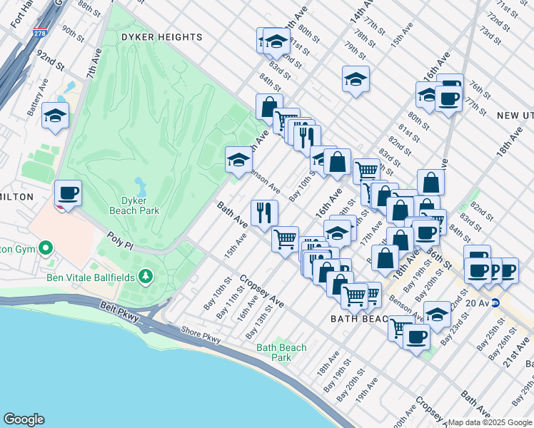 map of restaurants, bars, coffee shops, grocery stores, and more near 8731 15th Avenue in Brooklyn