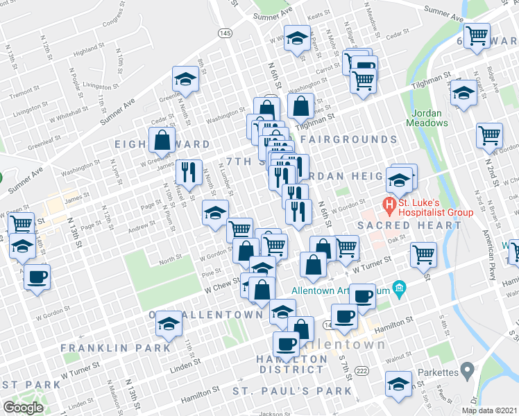map of restaurants, bars, coffee shops, grocery stores, and more near 443 North 8th Street in Allentown