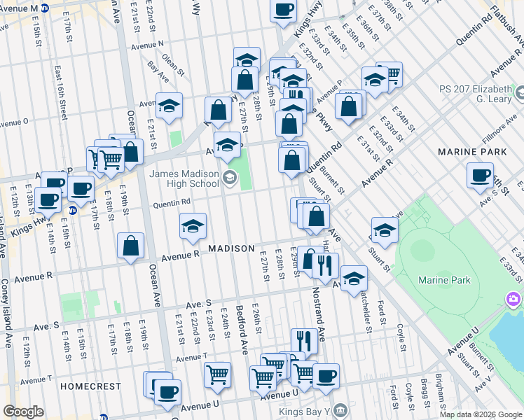 map of restaurants, bars, coffee shops, grocery stores, and more near 1766 East 28th Street in Brooklyn