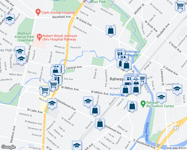 map of restaurants, bars, coffee shops, grocery stores, and more near 1334 Bryant Street in Rahway