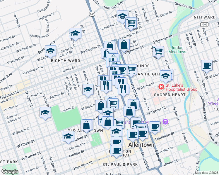 map of restaurants, bars, coffee shops, grocery stores, and more near 415 North Hall Street in Allentown
