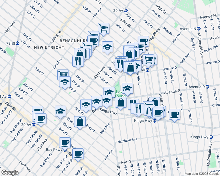 map of restaurants, bars, coffee shops, grocery stores, and more near 7402 Bay Parkway in Brooklyn