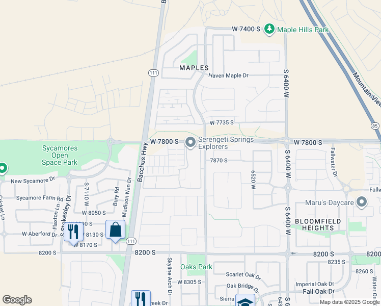 map of restaurants, bars, coffee shops, grocery stores, and more near 6729 7820 South in West Jordan
