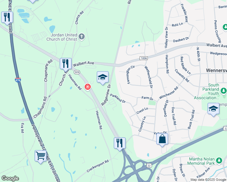 map of restaurants, bars, coffee shops, grocery stores, and more near 4495 Parkland Drive in Allentown