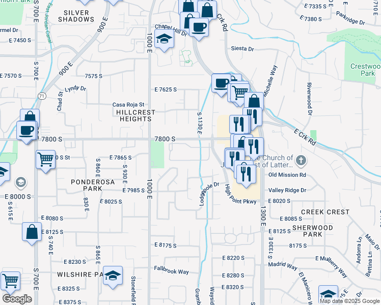 map of restaurants, bars, coffee shops, grocery stores, and more near 7898 Showcase Lane in Sandy