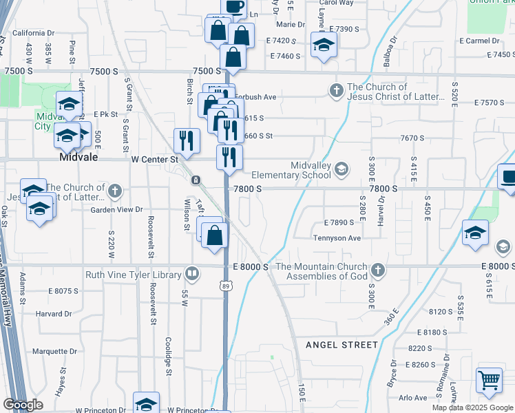 map of restaurants, bars, coffee shops, grocery stores, and more near 7894 Spring Station Way in Midvale