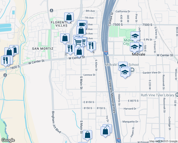 map of restaurants, bars, coffee shops, grocery stores, and more near 653 Lennox Street in Midvale