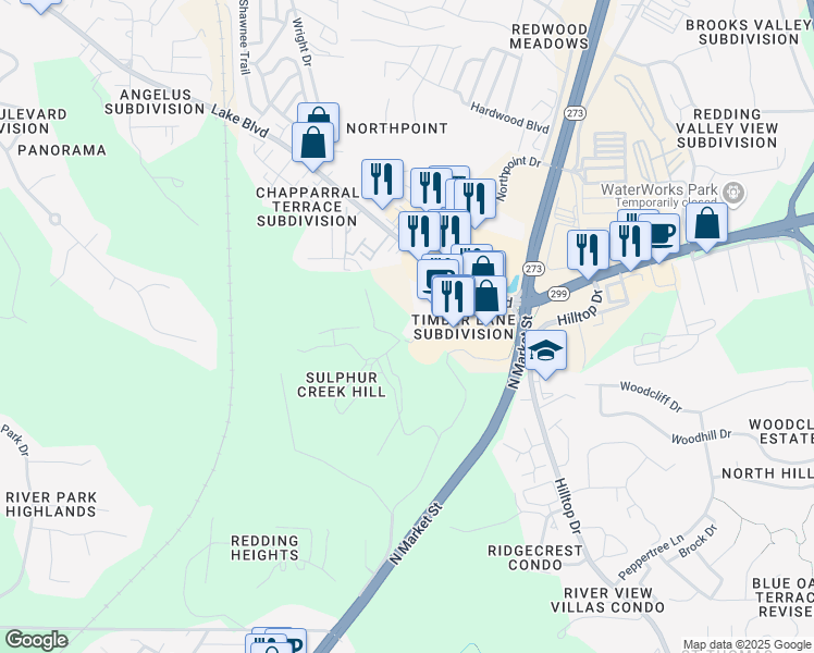 map of restaurants, bars, coffee shops, grocery stores, and more near 199 Masonic Avenue in Redding