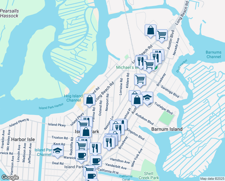 map of restaurants, bars, coffee shops, grocery stores, and more near 53 Marina Road in Island Park