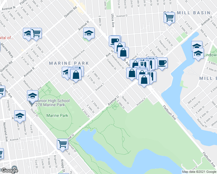 map of restaurants, bars, coffee shops, grocery stores, and more near 2142 East 38th Street in Brooklyn
