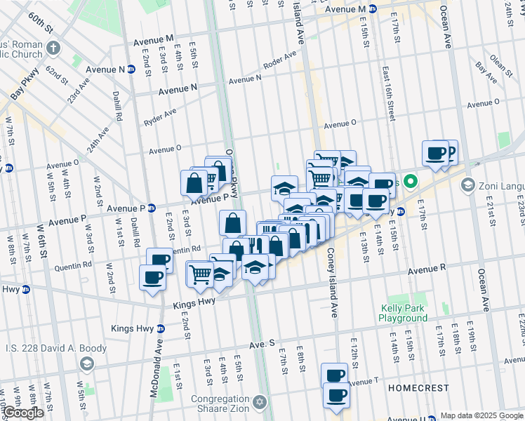 map of restaurants, bars, coffee shops, grocery stores, and more near 1746 East 7th Street in Brooklyn