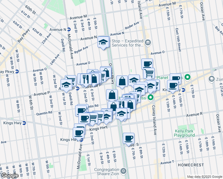 map of restaurants, bars, coffee shops, grocery stores, and more near 1664 Ocean Parkway in Brooklyn