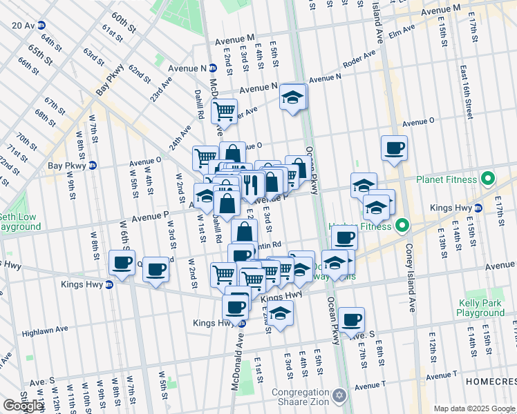 map of restaurants, bars, coffee shops, grocery stores, and more near 1736 East 3rd Street in Brooklyn