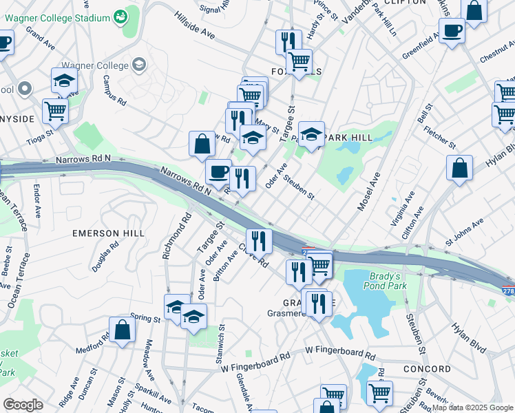 map of restaurants, bars, coffee shops, grocery stores, and more near 429 Narrows Road South in Staten Island
