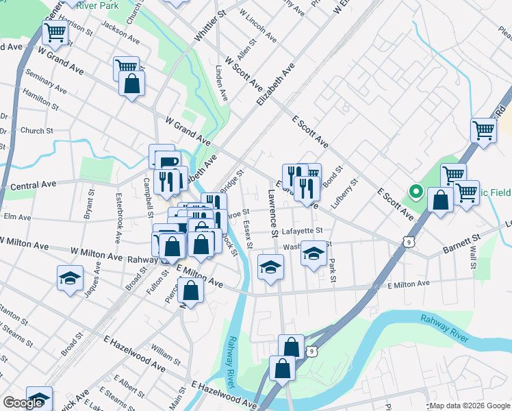 map of restaurants, bars, coffee shops, grocery stores, and more near 1657 Essex Street in Rahway