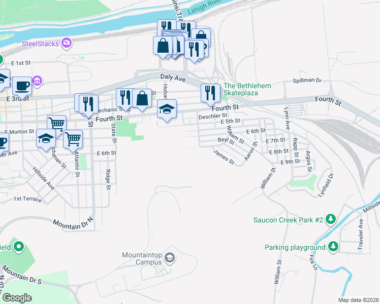 map of restaurants, bars, coffee shops, grocery stores, and more near 1252 East 7th Street in Bethlehem