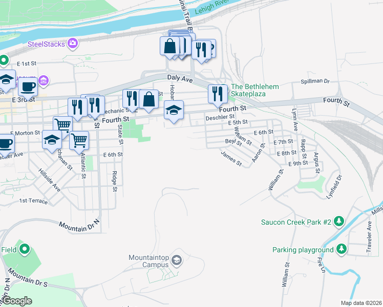 map of restaurants, bars, coffee shops, grocery stores, and more near 1224 East 7th Street in Bethlehem