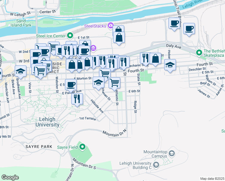 map of restaurants, bars, coffee shops, grocery stores, and more near 620 Atlantic Street in Bethlehem