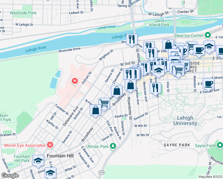 map of restaurants, bars, coffee shops, grocery stores, and more near 701 Cherokee Street in Bethlehem