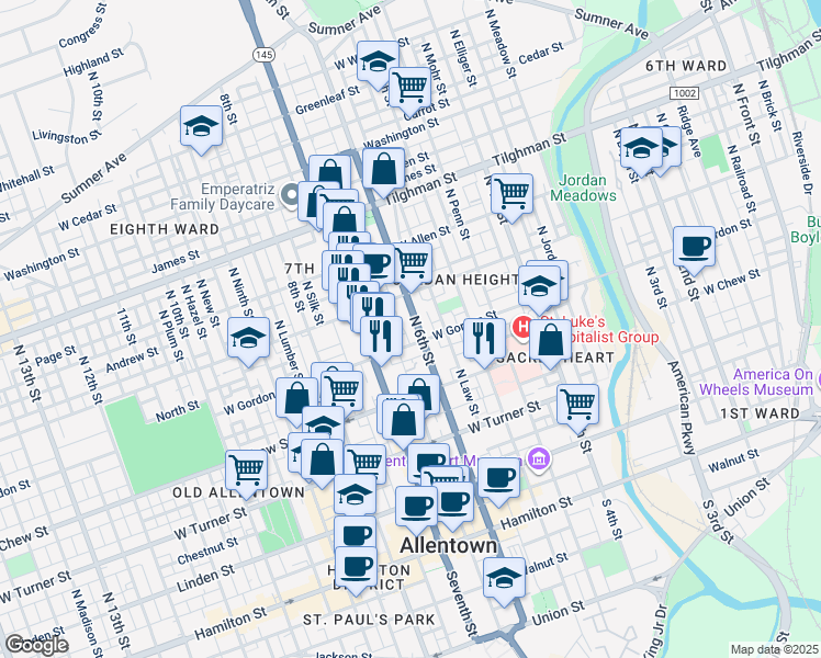 map of restaurants, bars, coffee shops, grocery stores, and more near 338 North 6th Street in Allentown