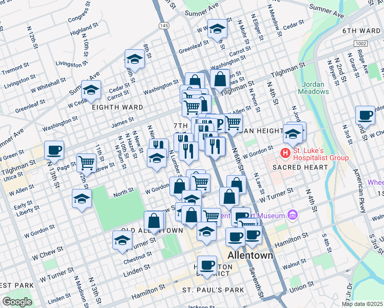 map of restaurants, bars, coffee shops, grocery stores, and more near 430 North Refwal Street in Allentown