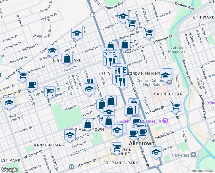 map of restaurants, bars, coffee shops, grocery stores, and more near 430 North Refwal Street in Allentown