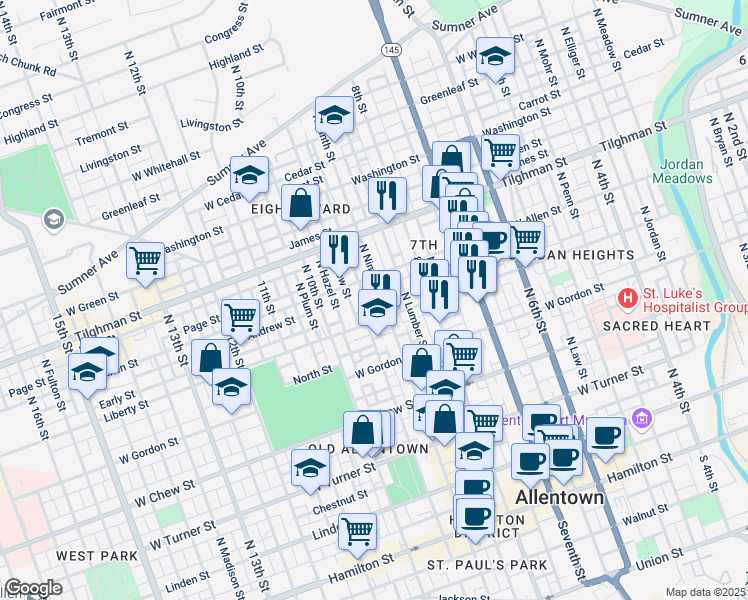 map of restaurants, bars, coffee shops, grocery stores, and more near 929 Liberty Street in Allentown