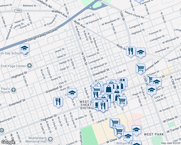 map of restaurants, bars, coffee shops, grocery stores, and more near 842 North 19th Street in Allentown