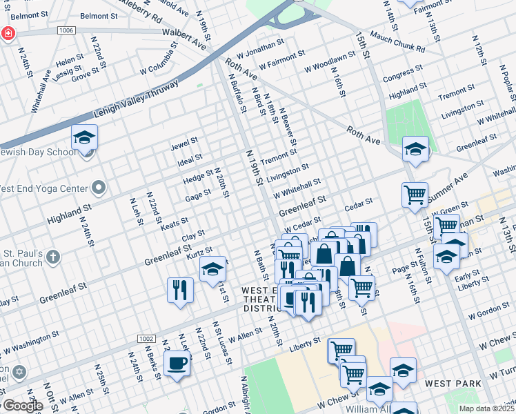 map of restaurants, bars, coffee shops, grocery stores, and more near 1937 Greenleaf Street in Allentown