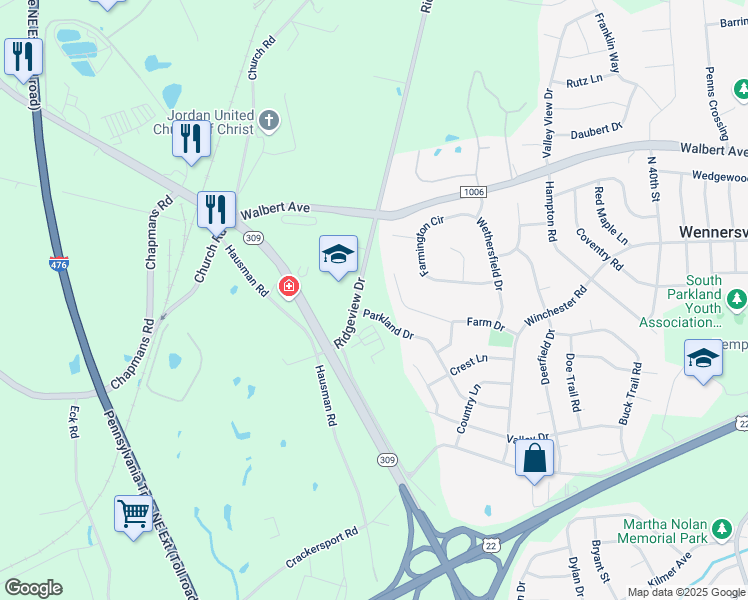 map of restaurants, bars, coffee shops, grocery stores, and more near 4495 Parkland Drive in Allentown