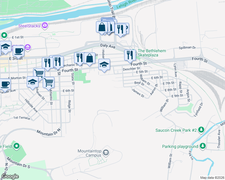 map of restaurants, bars, coffee shops, grocery stores, and more near 1224 East 7th Street in Bethlehem