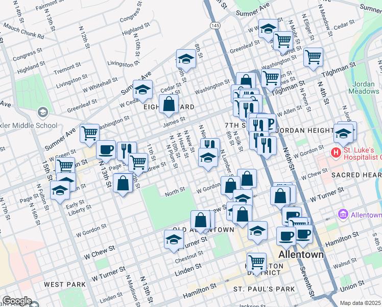 map of restaurants, bars, coffee shops, grocery stores, and more near 538 North New Street in Allentown