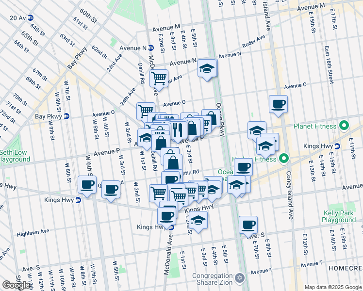 map of restaurants, bars, coffee shops, grocery stores, and more near 1736 East 3rd Street in Brooklyn