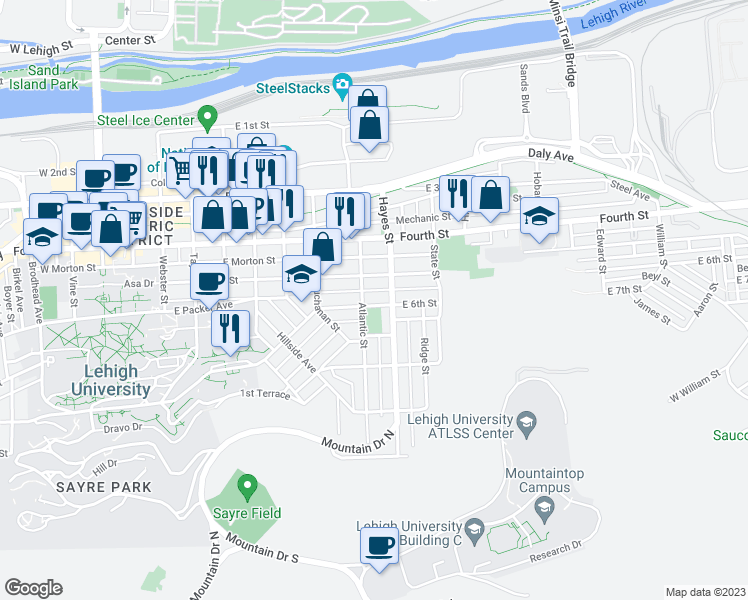 map of restaurants, bars, coffee shops, grocery stores, and more near 813 East 6th Street in Bethlehem