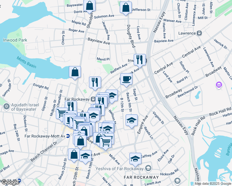 map of restaurants, bars, coffee shops, grocery stores, and more near 12-84 Central Avenue in Queens