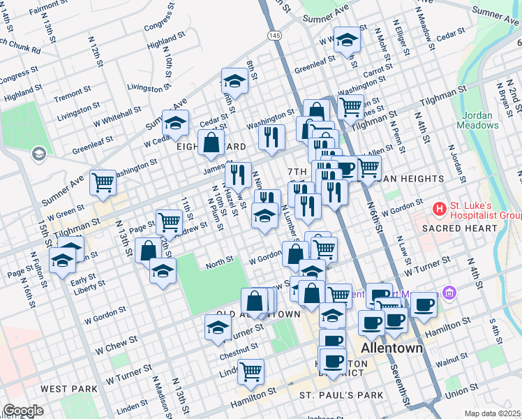 map of restaurants, bars, coffee shops, grocery stores, and more near 929 Liberty Street in Allentown