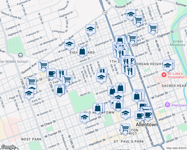 map of restaurants, bars, coffee shops, grocery stores, and more near 536 North New Street in Allentown