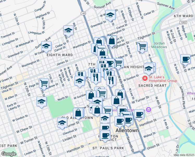 map of restaurants, bars, coffee shops, grocery stores, and more near 430 North Refwal Street in Allentown