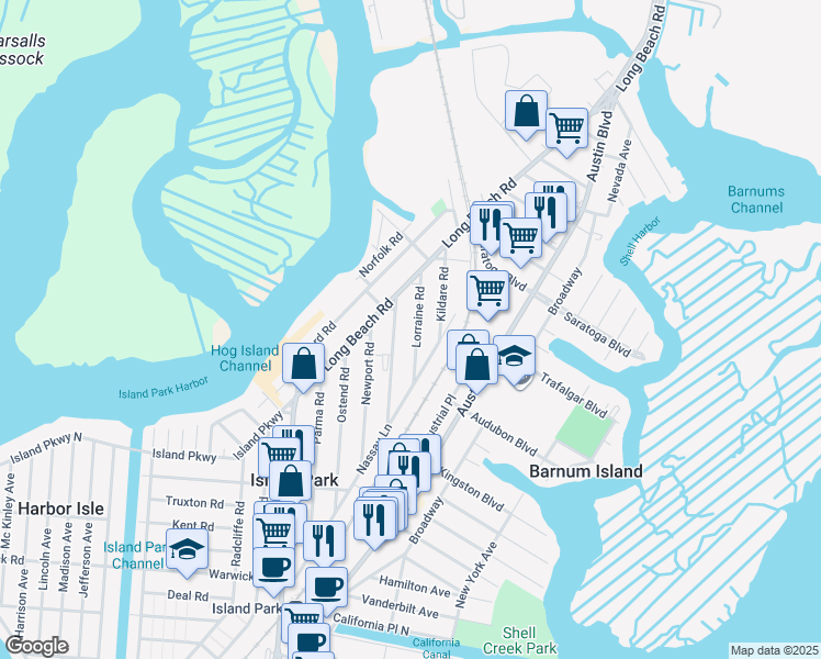 map of restaurants, bars, coffee shops, grocery stores, and more near 53 Marina Road in Island Park
