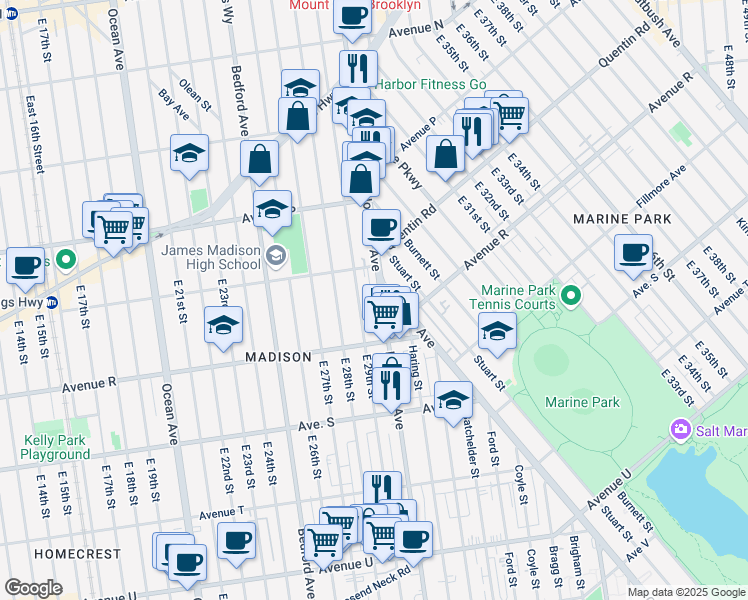 map of restaurants, bars, coffee shops, grocery stores, and more near 3096 Nostrand Avenue in Brooklyn