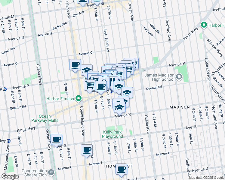 map of restaurants, bars, coffee shops, grocery stores, and more near 1522-1526 Kings Highway in Brooklyn