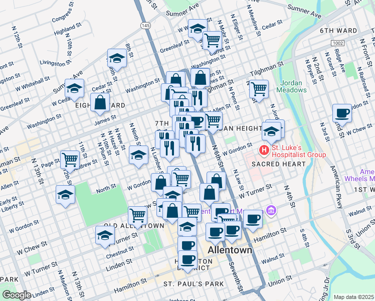 map of restaurants, bars, coffee shops, grocery stores, and more near 540 North 7th Street in Allentown