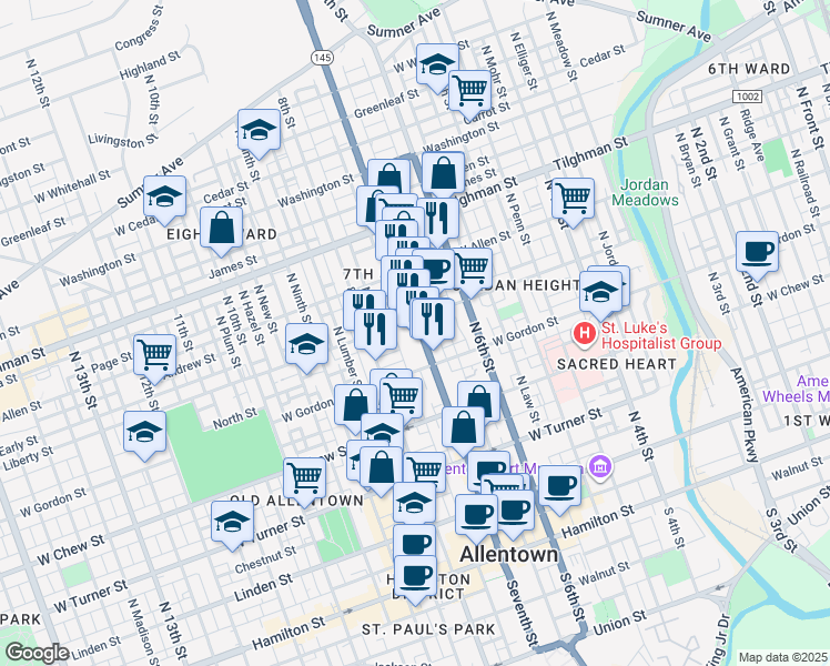 map of restaurants, bars, coffee shops, grocery stores, and more near 540 North 7th Street in Allentown