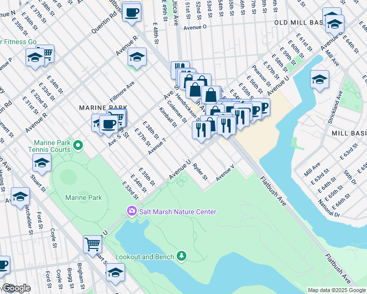 map of restaurants, bars, coffee shops, grocery stores, and more near 2127 Kimball Street in Brooklyn