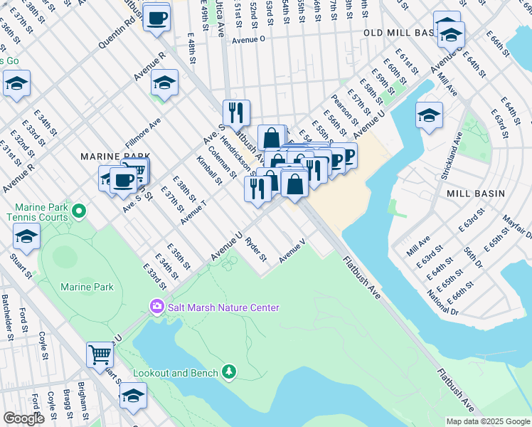 map of restaurants, bars, coffee shops, grocery stores, and more near Avenue U & Coleman St in Brooklyn