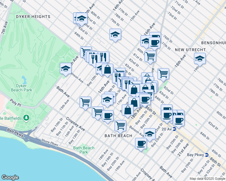 map of restaurants, bars, coffee shops, grocery stores, and more near 33 Bay 13th Street in Brooklyn