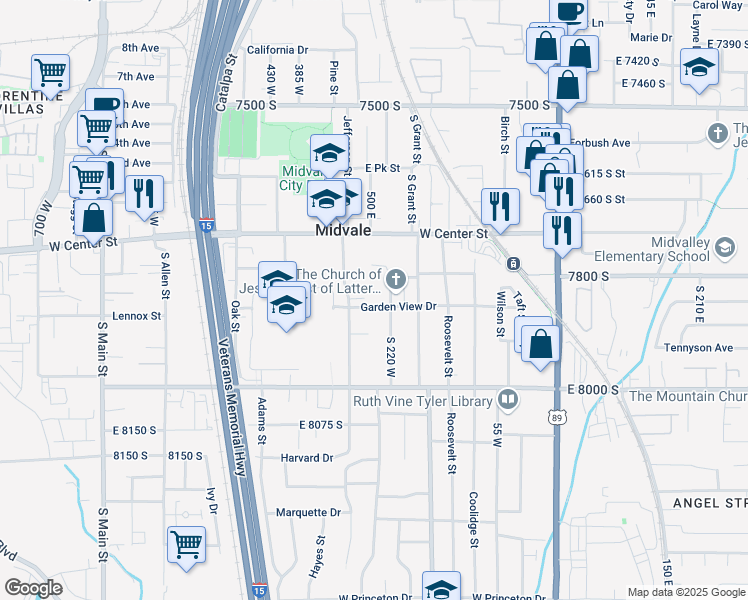 map of restaurants, bars, coffee shops, grocery stores, and more near 242 75 South in Midvale