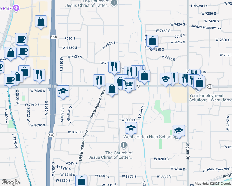 map of restaurants, bars, coffee shops, grocery stores, and more near 7816 3200 West in West Jordan