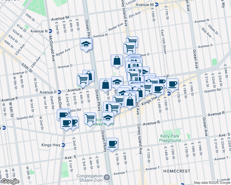 map of restaurants, bars, coffee shops, grocery stores, and more near 1633 East 8th Street in Brooklyn