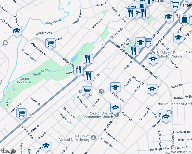 map of restaurants, bars, coffee shops, grocery stores, and more near 200 Spooner Avenue in Plainfield